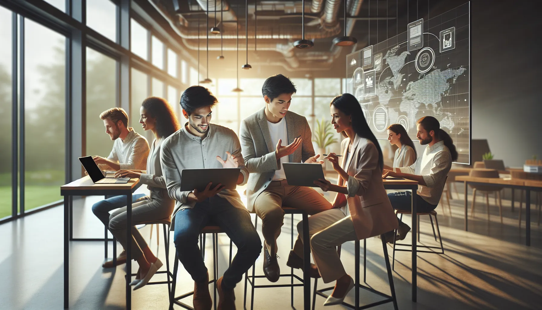 professionals collaborating around laptops in a modern office scene.