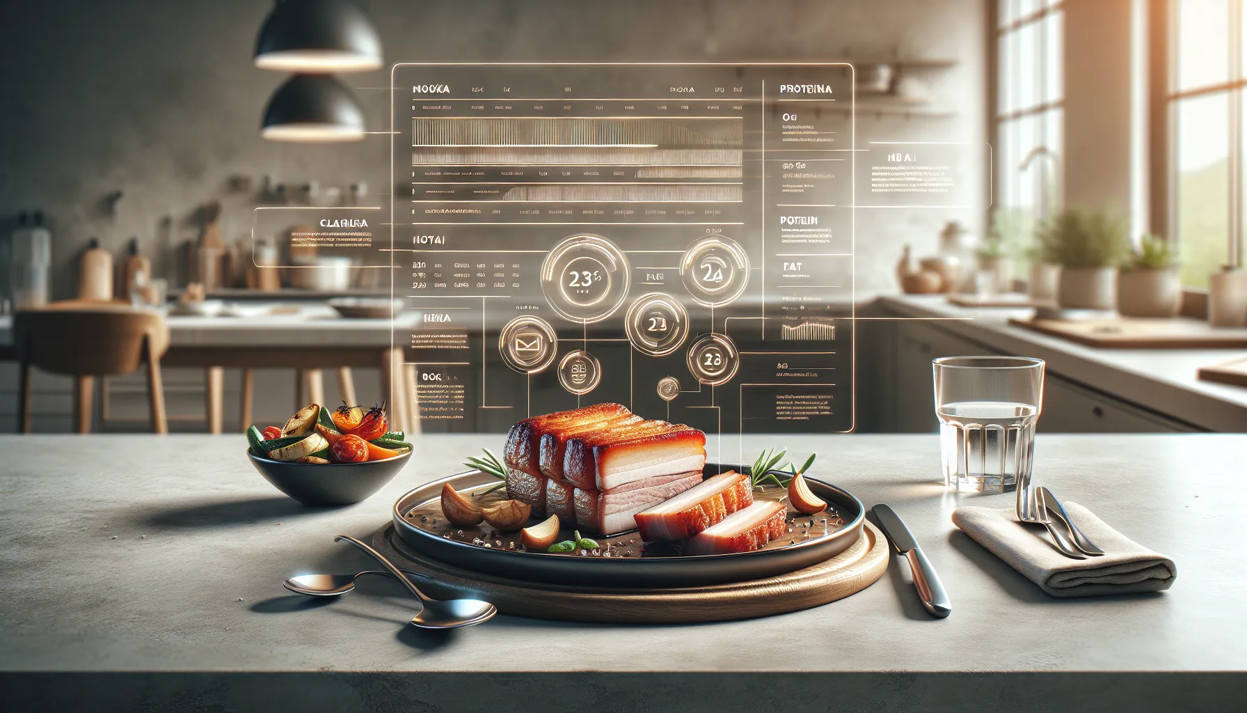 Plated roasted pork belly with nutrition infographic and vegetables.