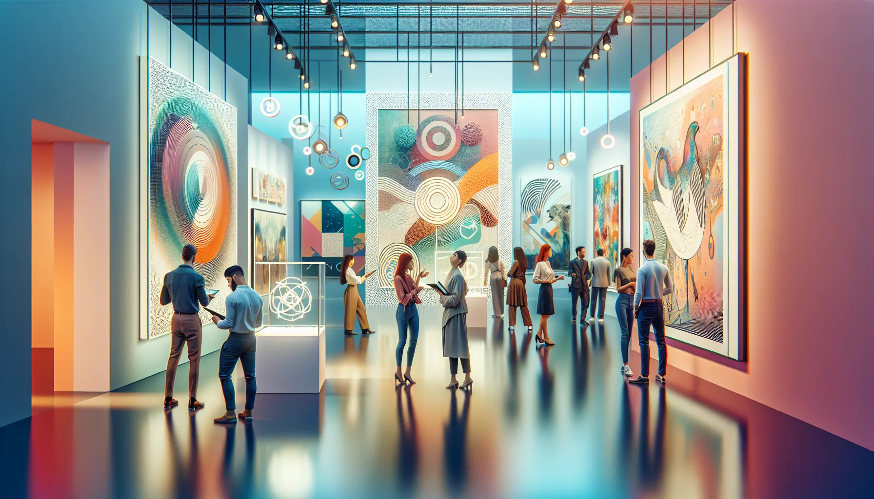 artists discussing modern interpretations of Mihavarela in a gallery setting.