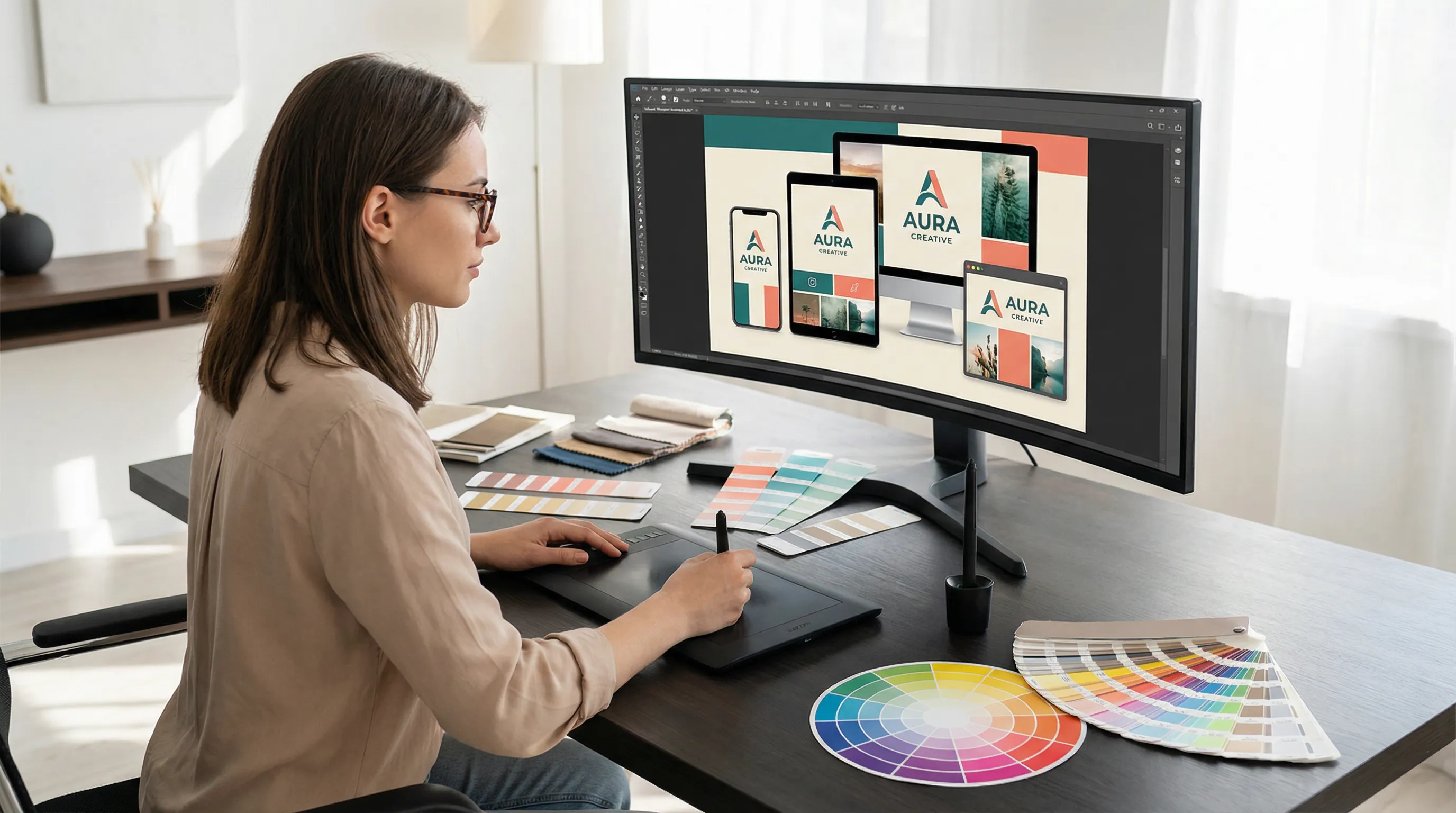 Designer refining consistent brand visuals across multiple social media platform mockups on a monitor, with color swatches and design tools on the desk.