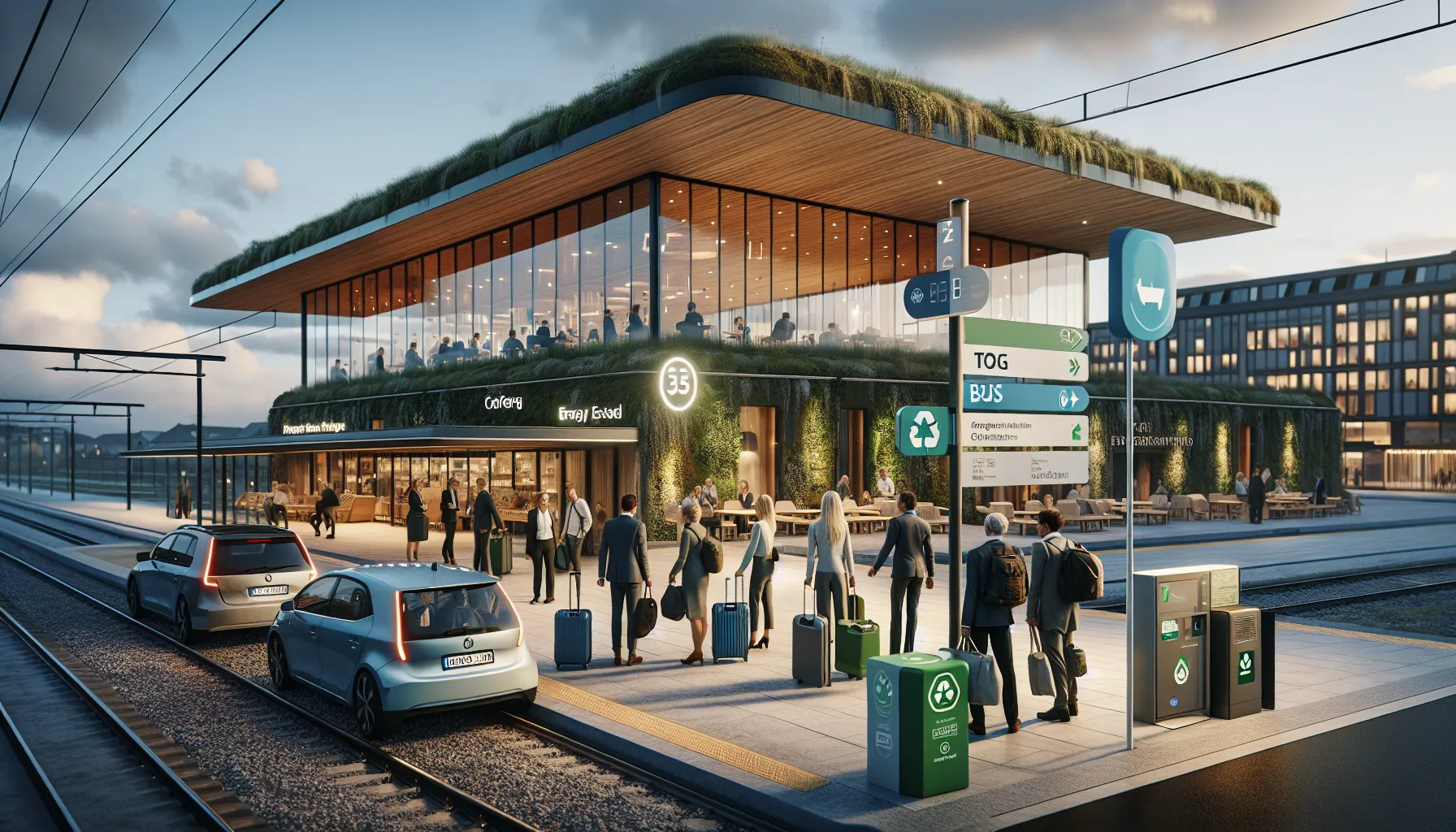 Colleagues arrive by train at an eco-friendly norwegian conference venue.