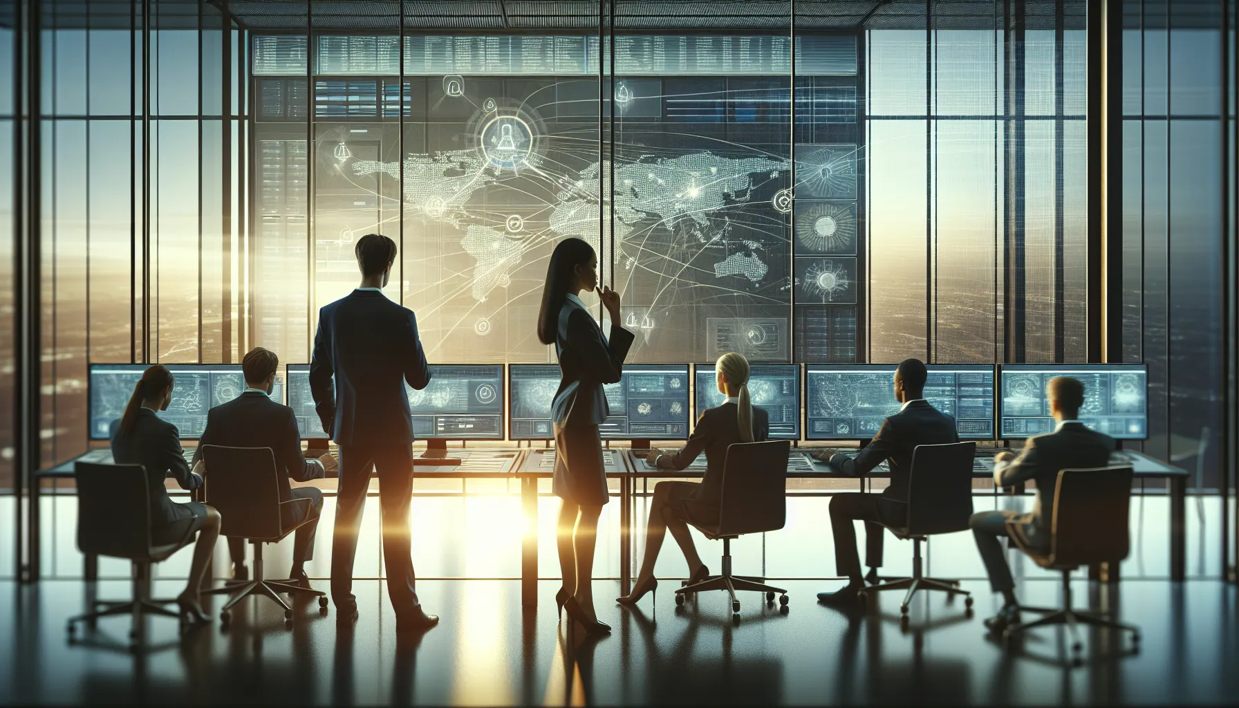 professionals collaborating in a high-tech telecom control room.