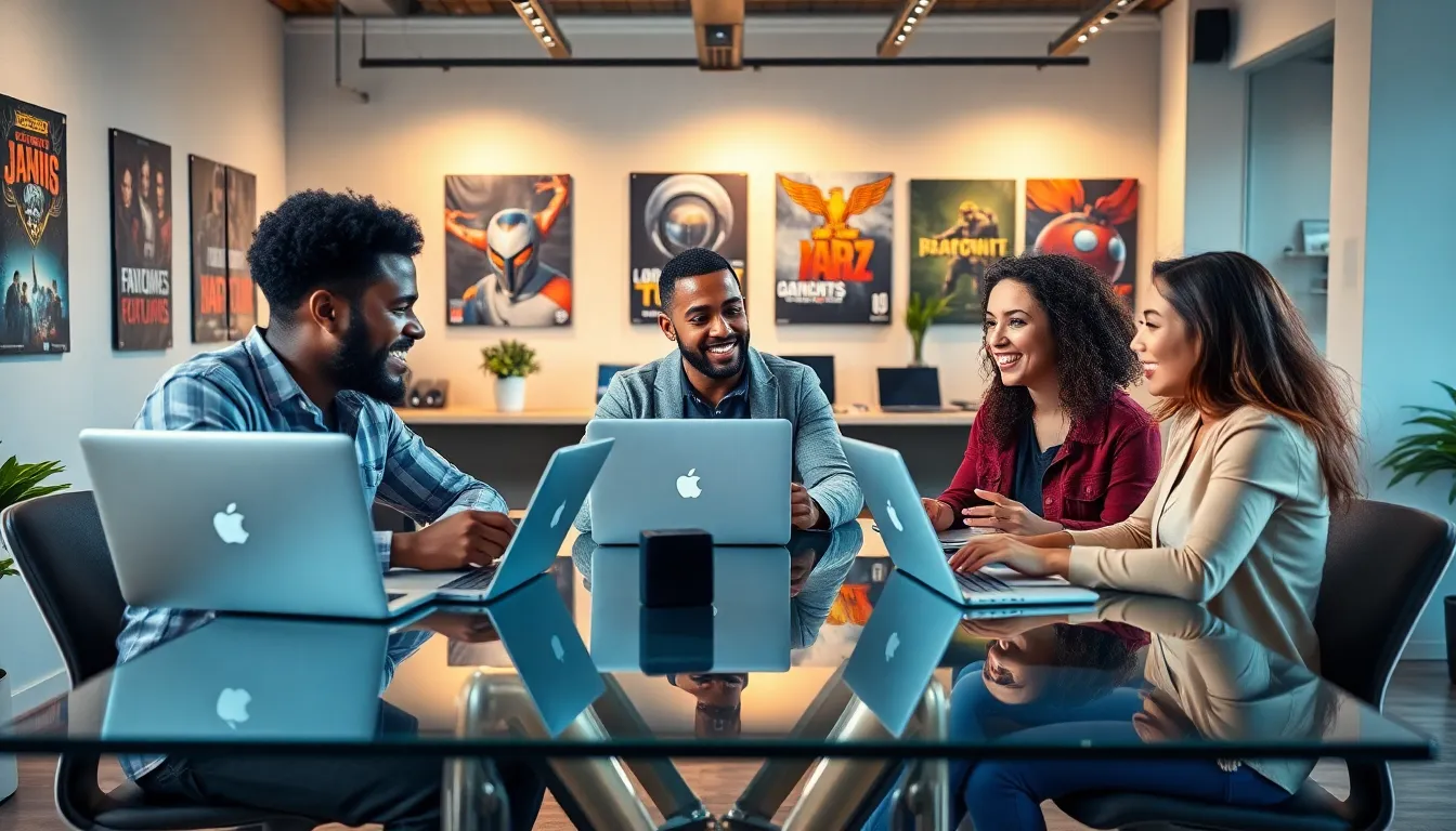 diverse team collaborating in a modern gaming journalism workspace.