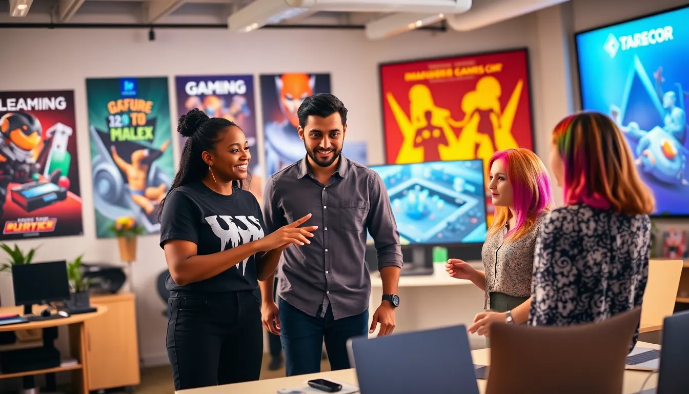 diverse young adults collaborating on game design in a modern office.