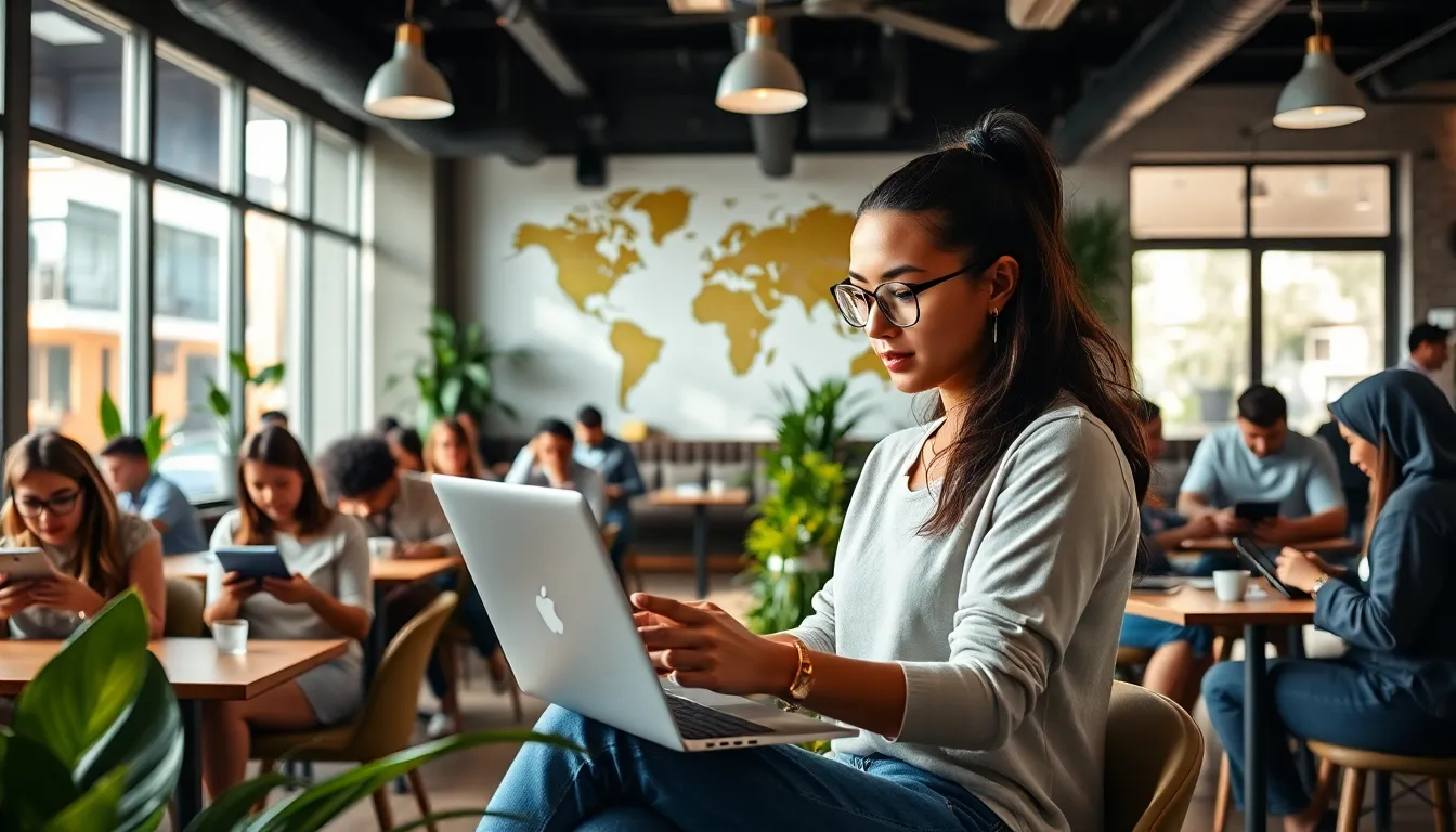 young woman working remotely in a lively coffee shop.