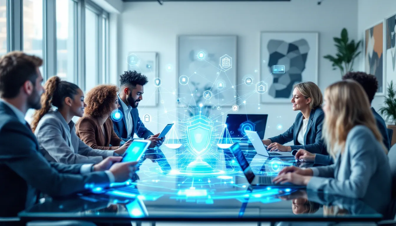 Diverse professionals collaborating around AI governance hologram in modern office setting.