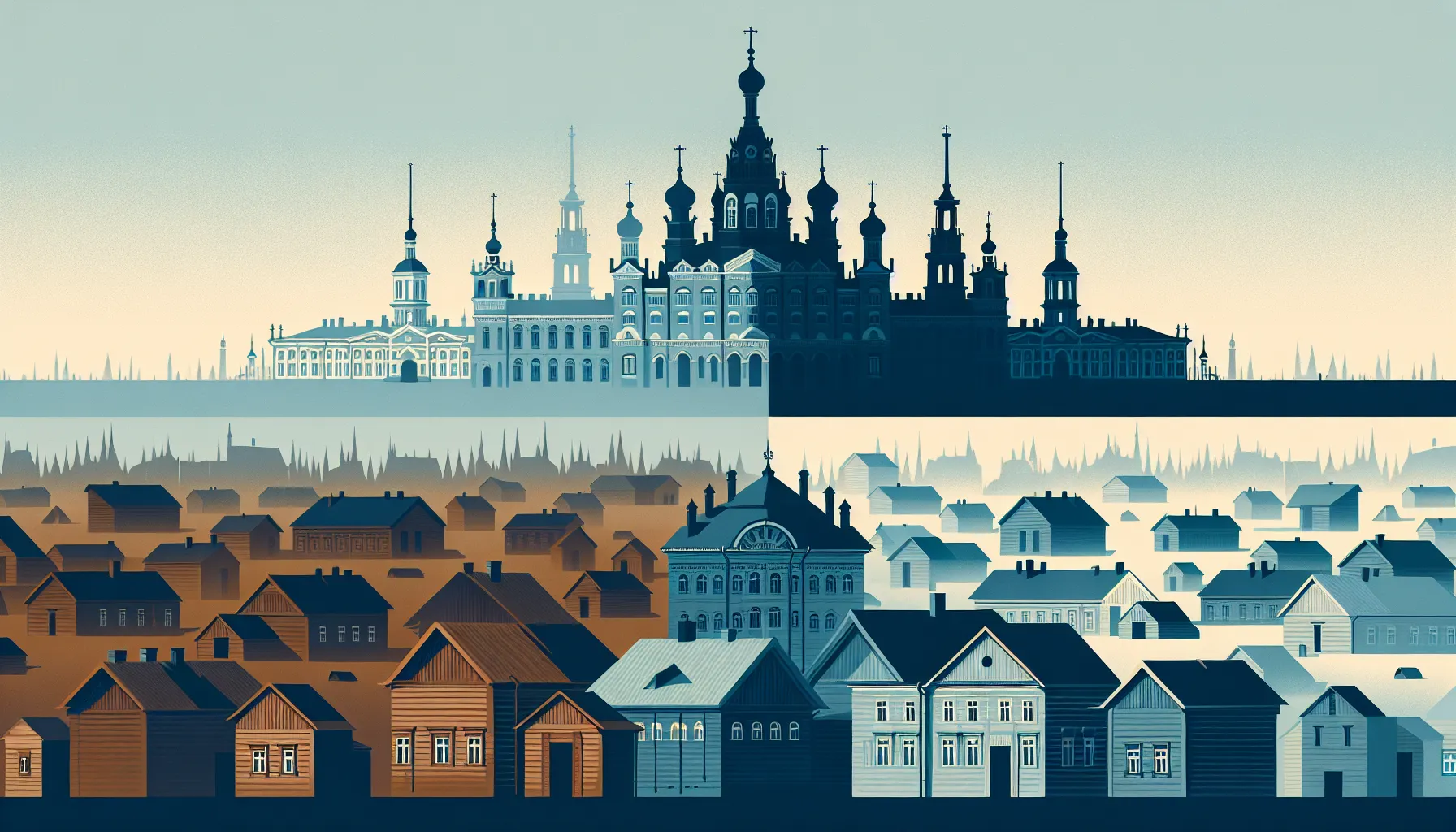 Minimalist illustration of 19th century Russian cityscape contrasting St. Petersburg with provincial towns