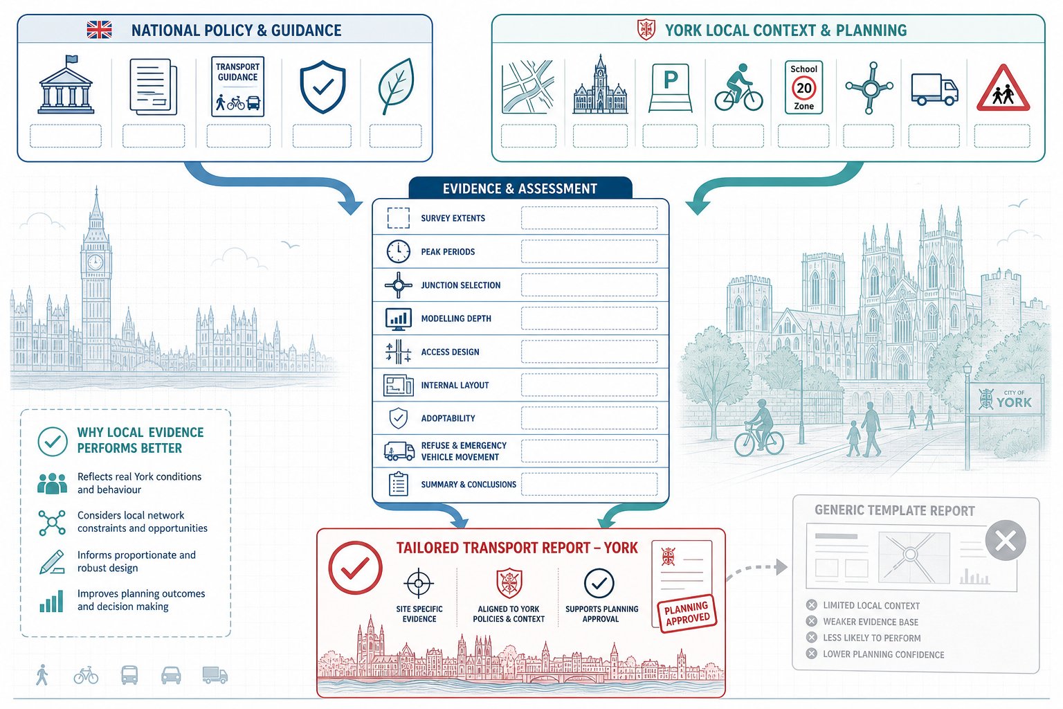 Infographic showing national and York local factors shaping transport reports.