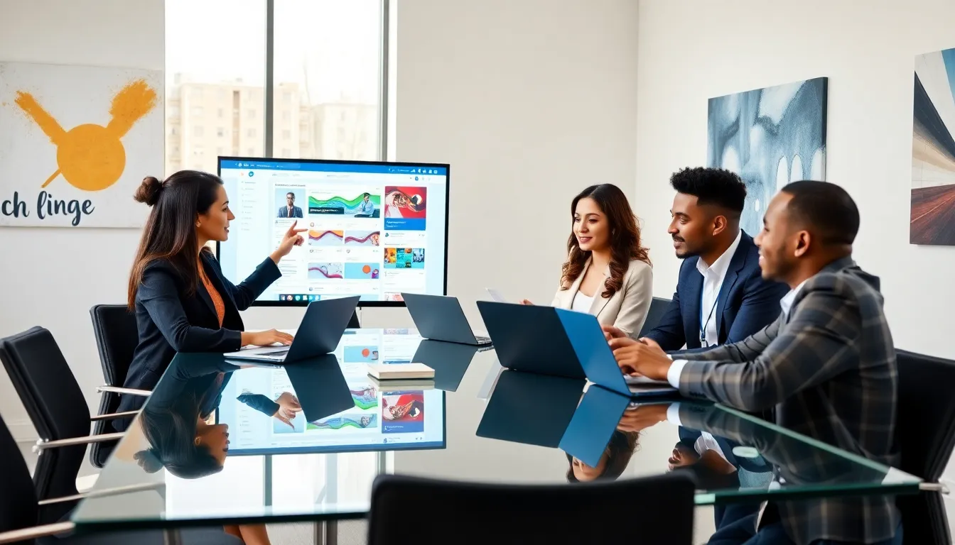 professionals discussing social media strategy in a modern office.