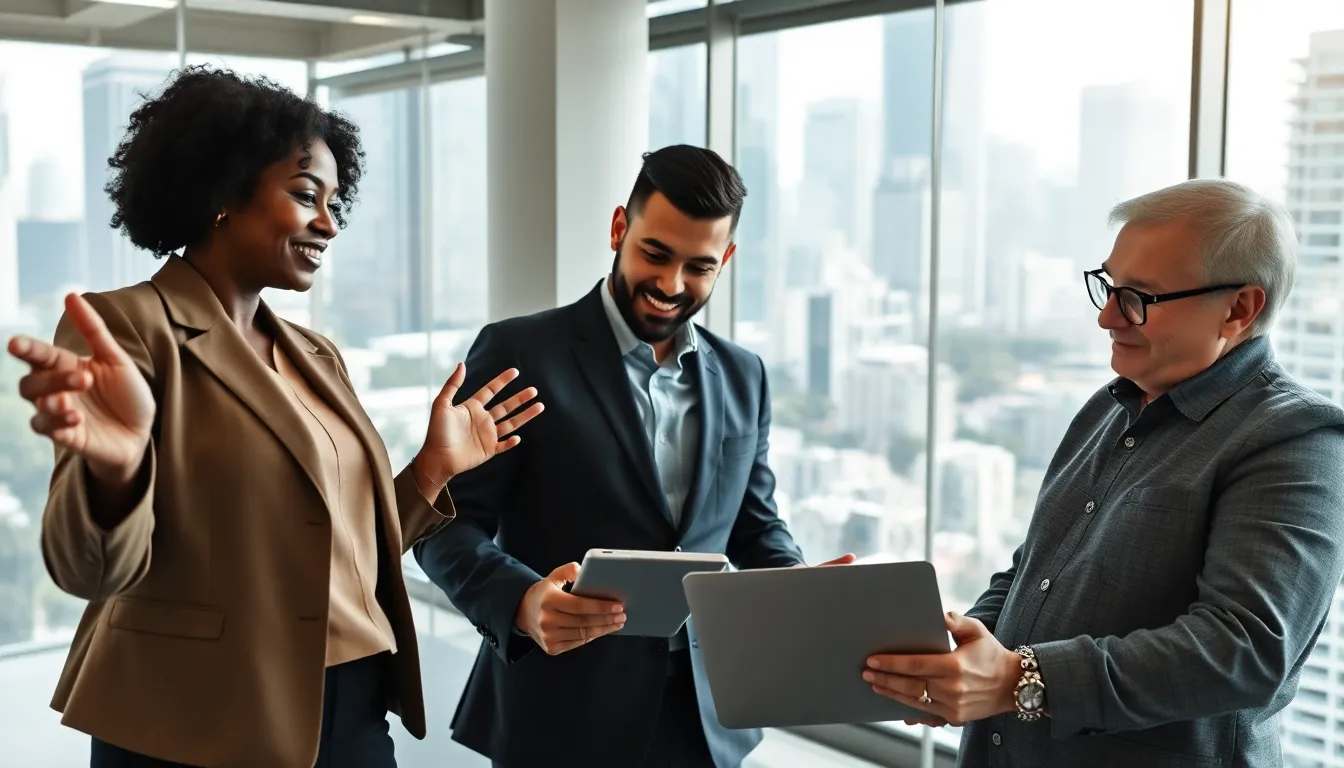 three professionals discussing real estate technology in a modern office.
