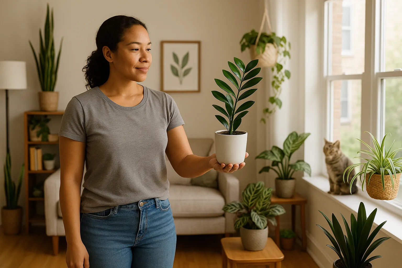 Woman holding a small potted ZZ plant in a sunlit modern living room.