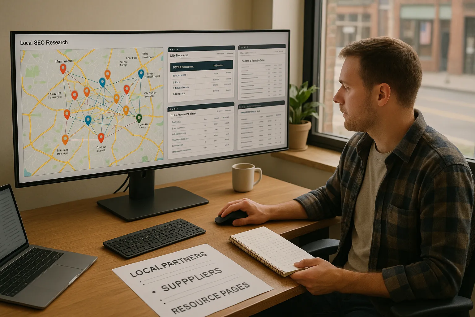 Local SEO Links: How To Build Powerful Local Backlinks That Rank And Convert 4 Marketer researches high-value local SEO link opportunities on a city map dashboard.
