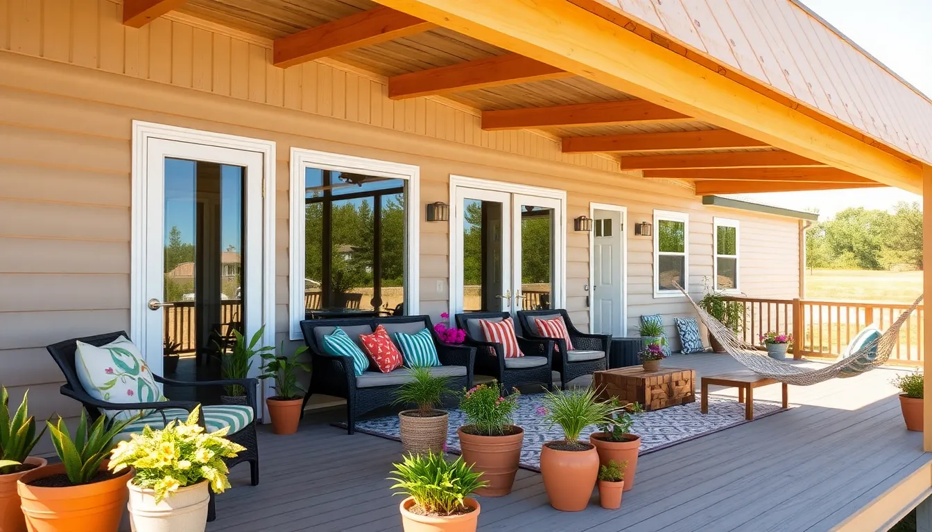 modern mobile home with a spacious wrap around porch.