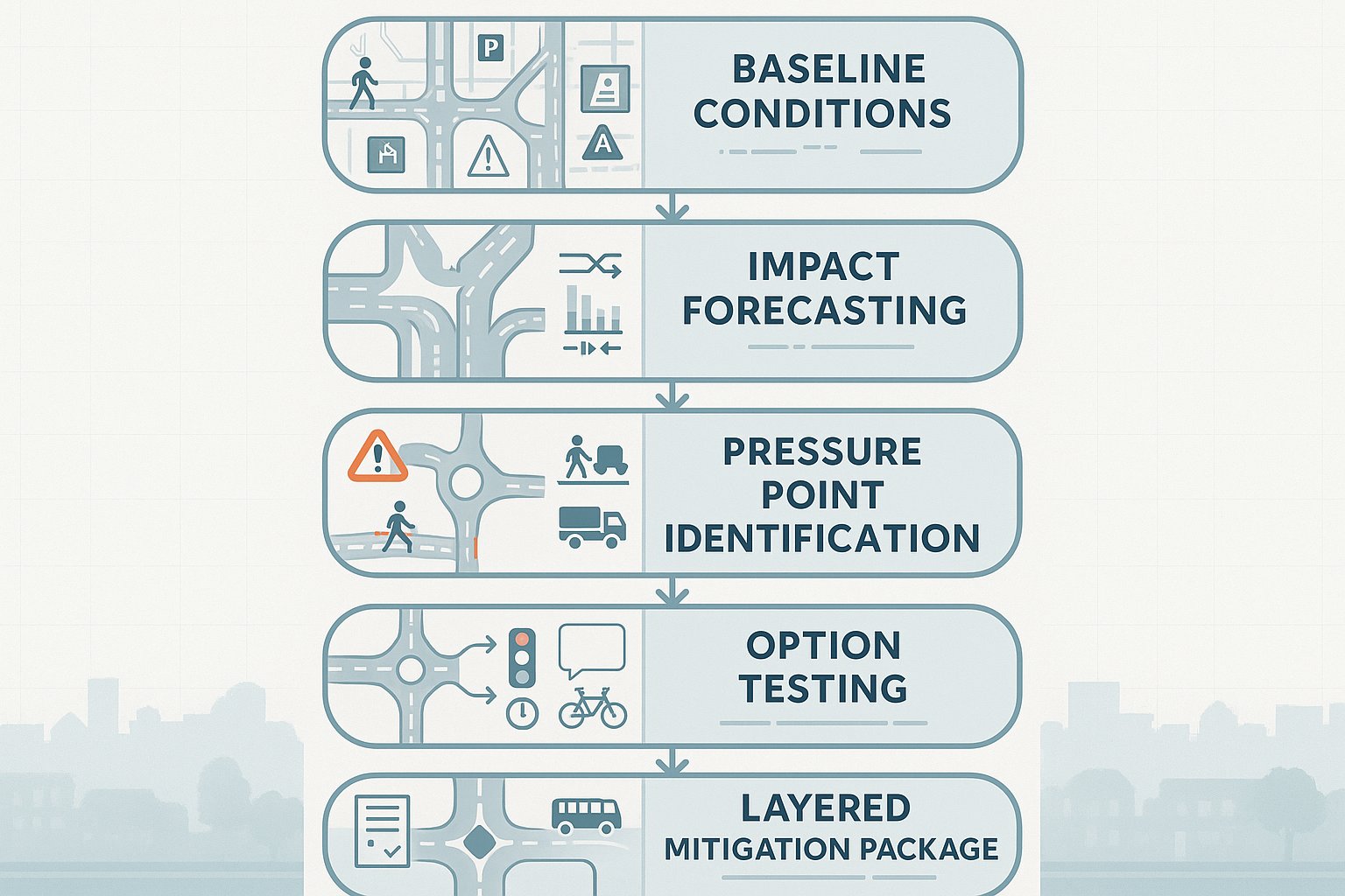Transport assessment process showing mitigation steps from baseline to final package.