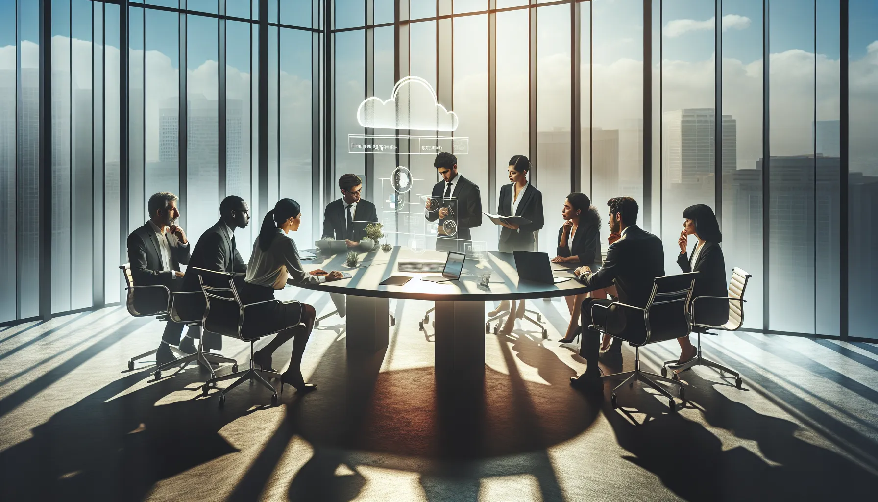 diverse team discussing cloud system implementation in a modern office.
