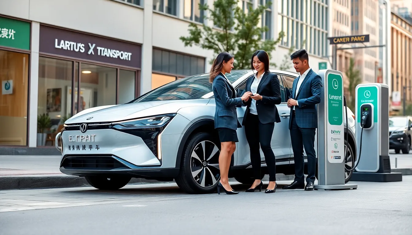 Modern Japanese electric vehicle on a city street with professionals interacting.