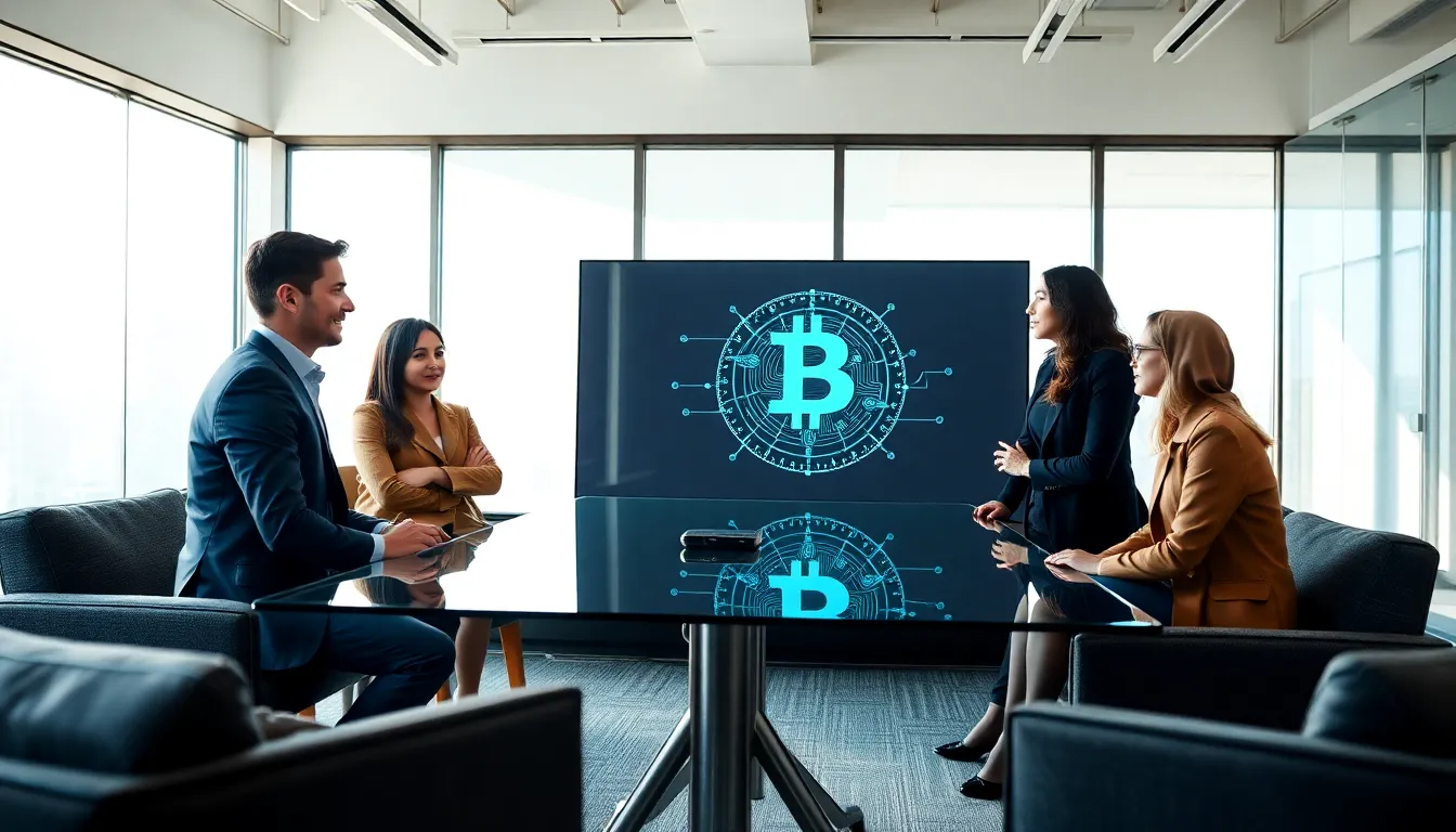 professionals discussing Bitcoin Classic in a modern office.