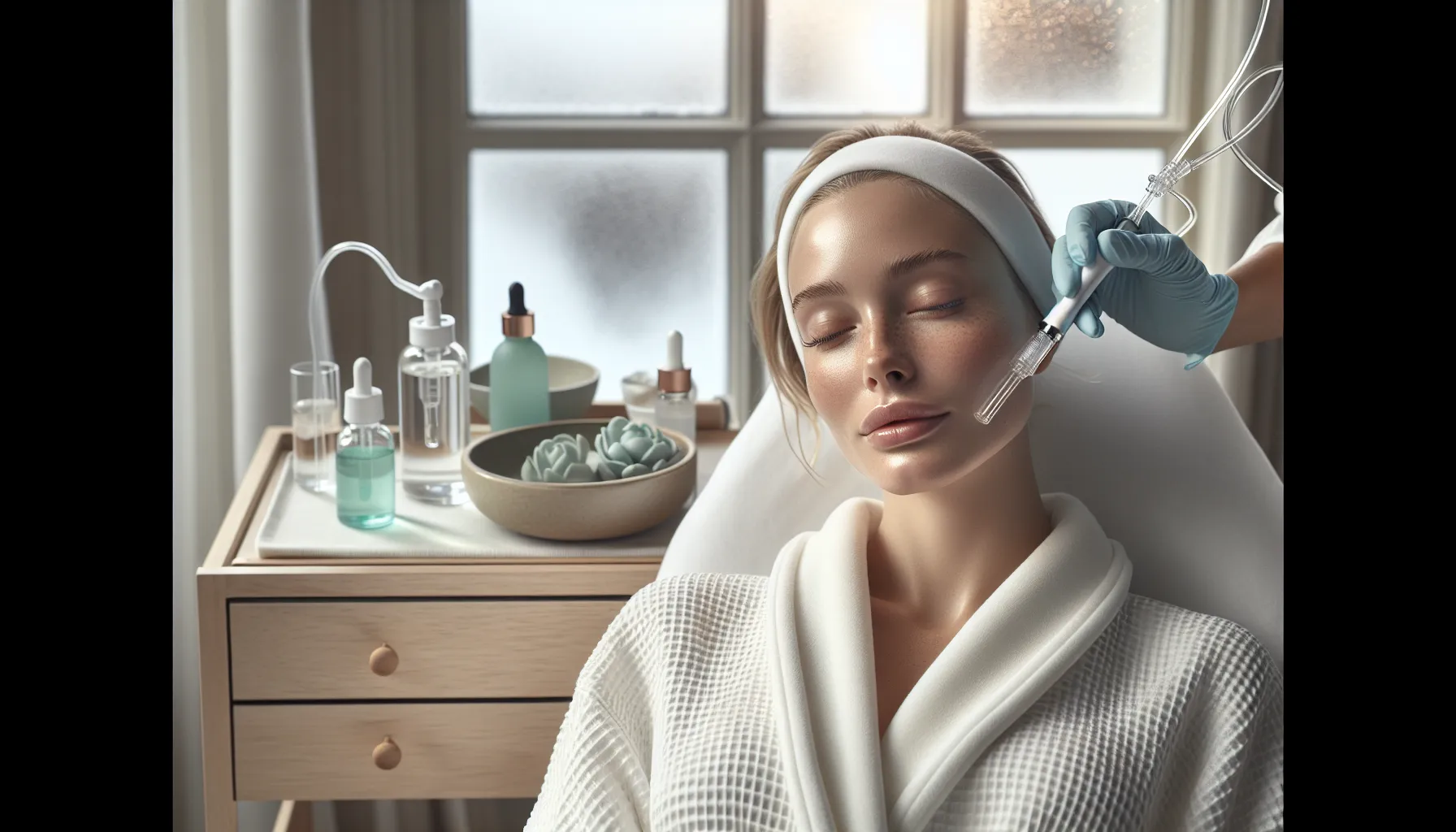 Ansiktsbehandlinger som gir glød: de beste teknikkene for sunn hud 3 Norwegian woman receiving hydradermabrasion facial, glowing skin in bright nordic clinic.