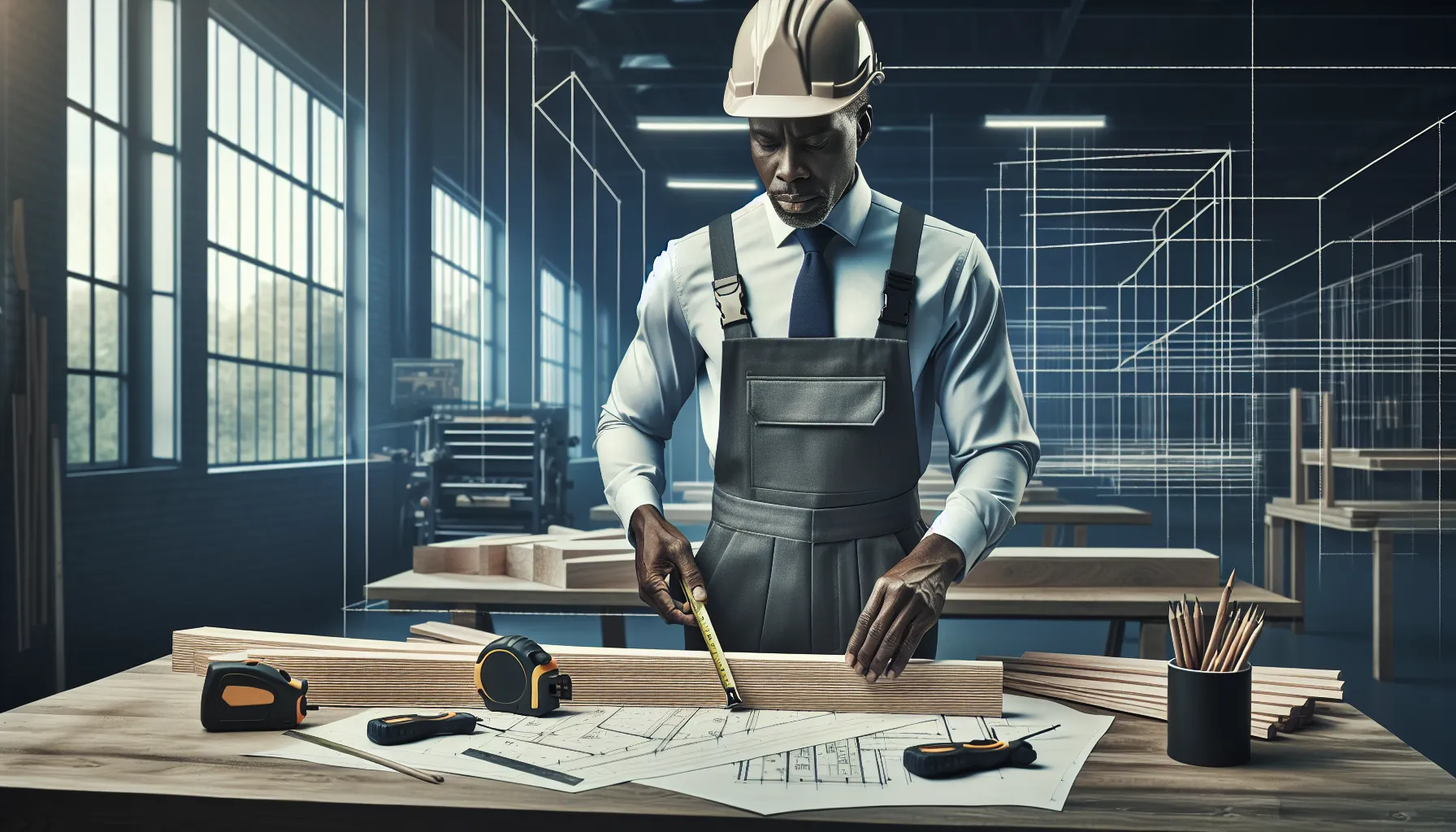 worker measuring wood in a modern construction workshop.