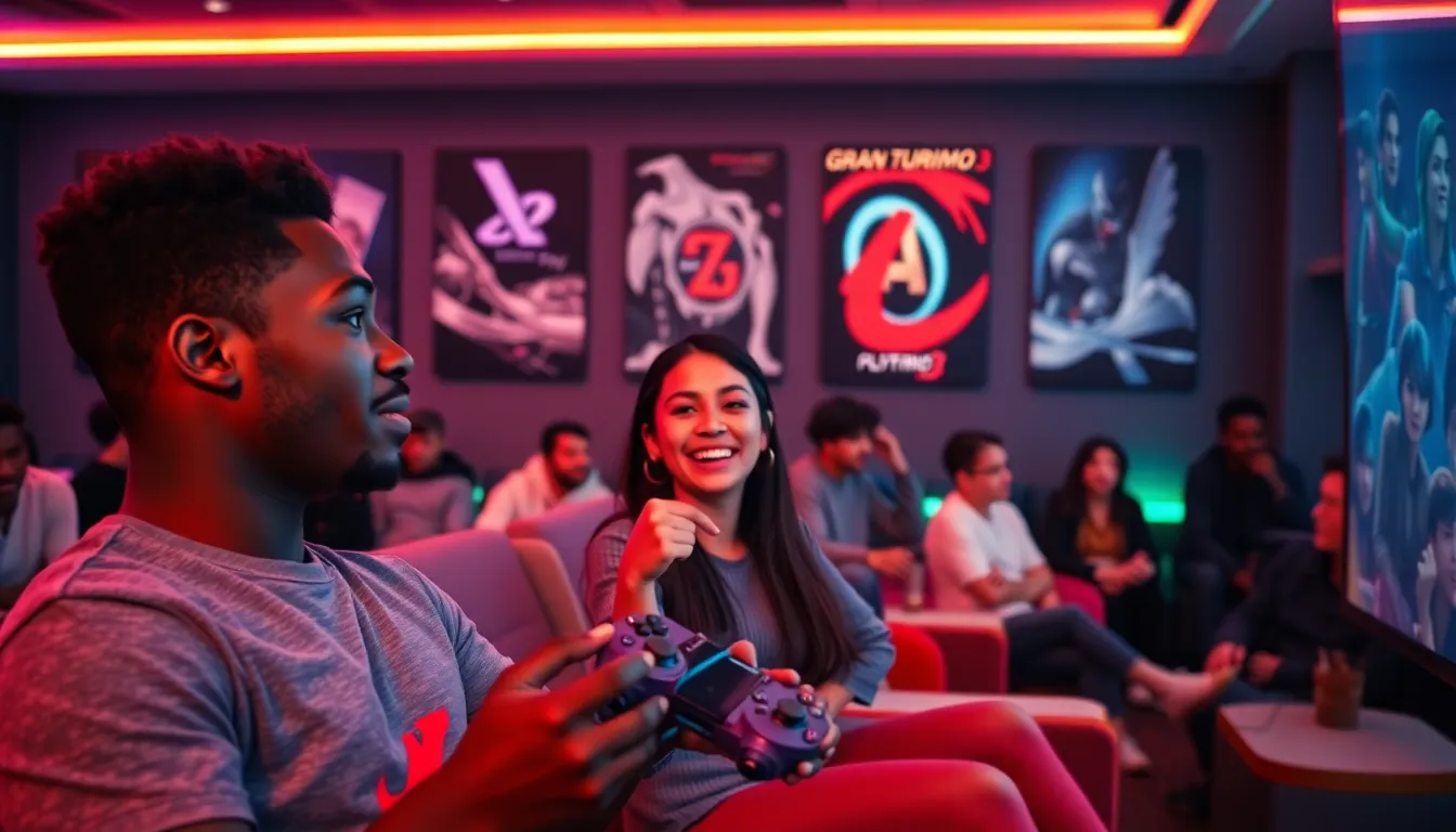 A diverse group of gamers enjoying PlayStation games in a vibrant lounge.
