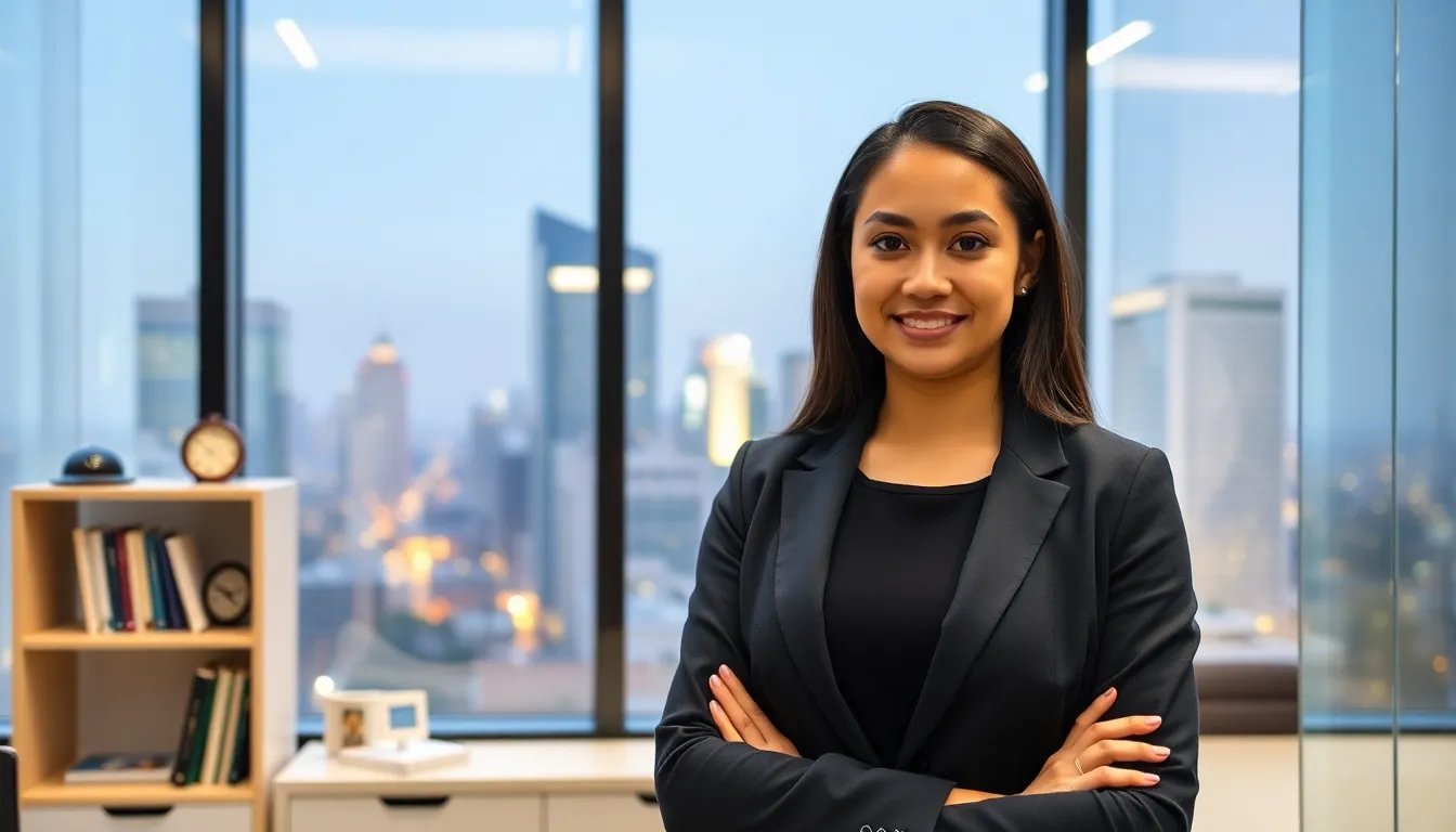 young professional woman in a modern office setting, symbolizing determination.