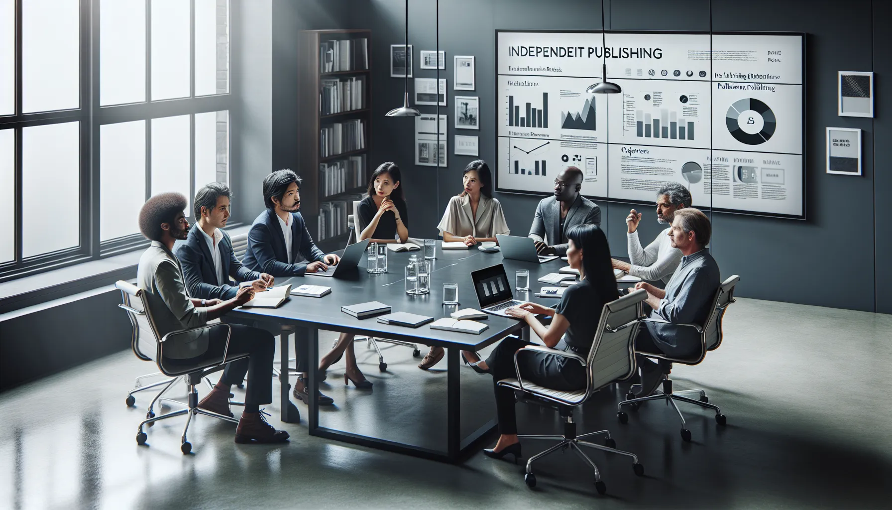 professionals discussing independent publishing strategies in a modern office.