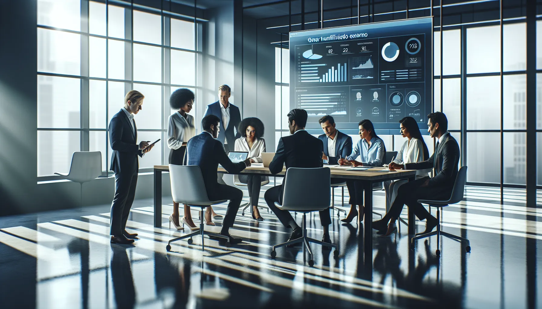 diverse team collaborating on a digital report in a modern office.