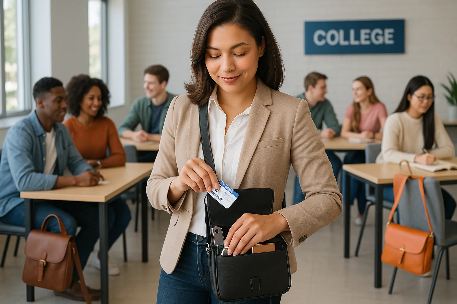 Diverse college students using leather crossbody bags in a modern campus lounge.