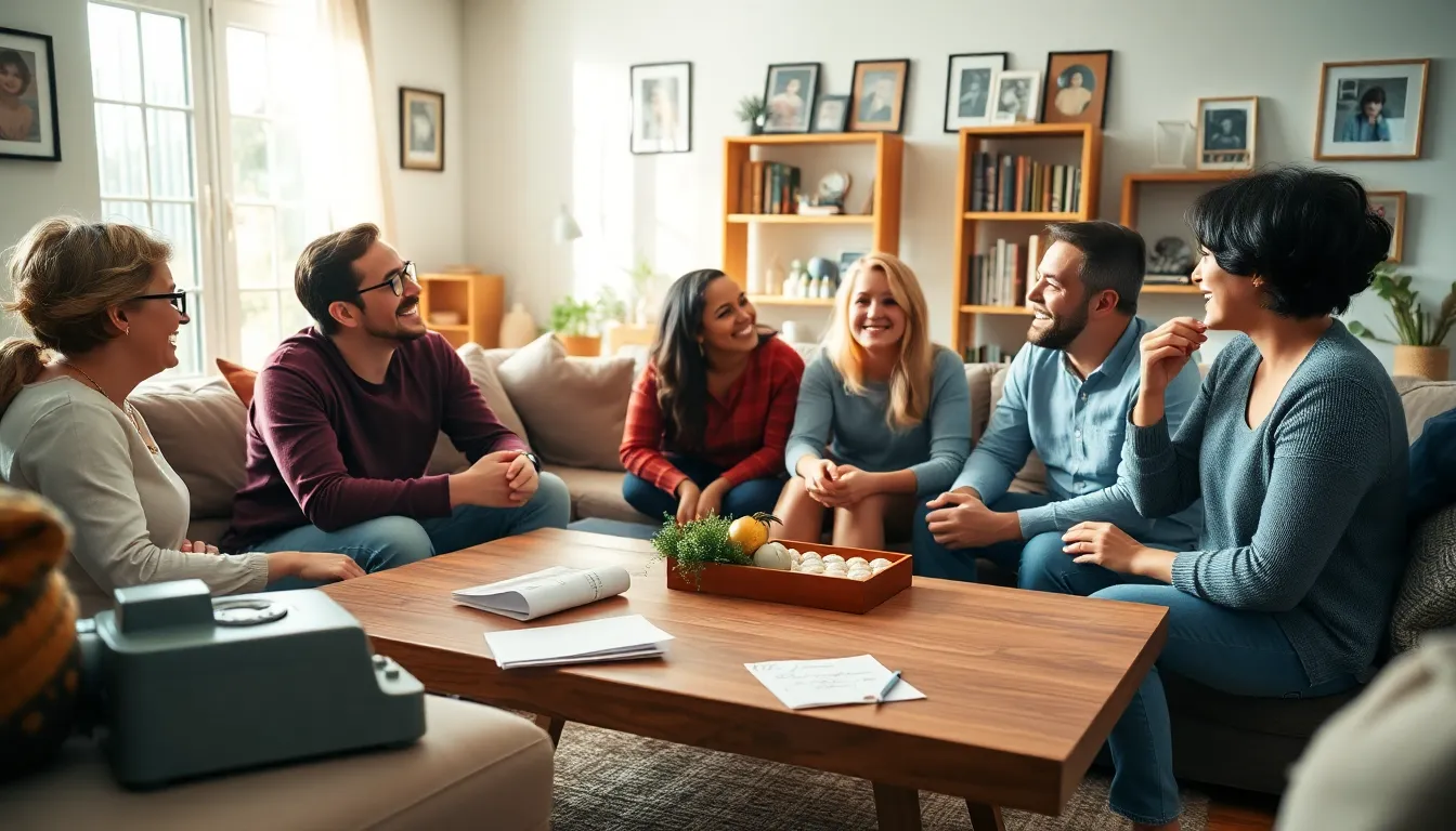 friends enjoying conversation in a cozy living room setting.