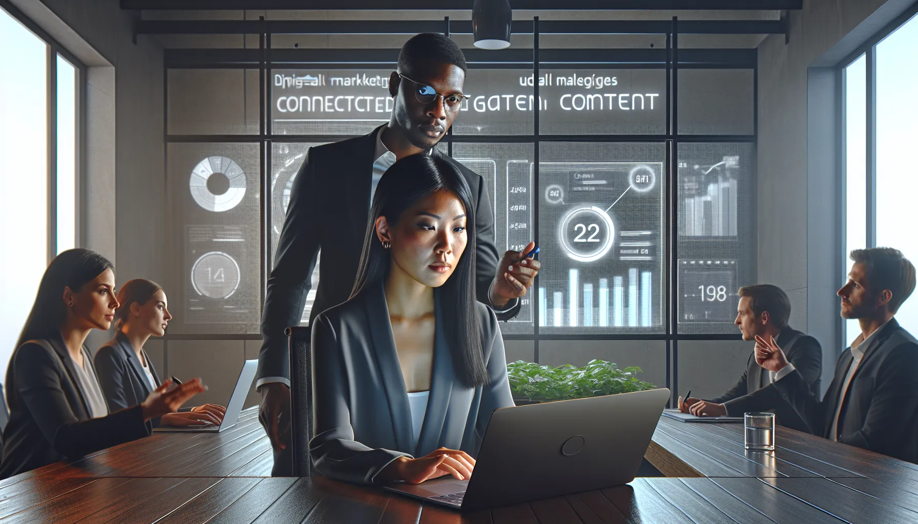 marketing team discussing content gating strategies in a modern office.