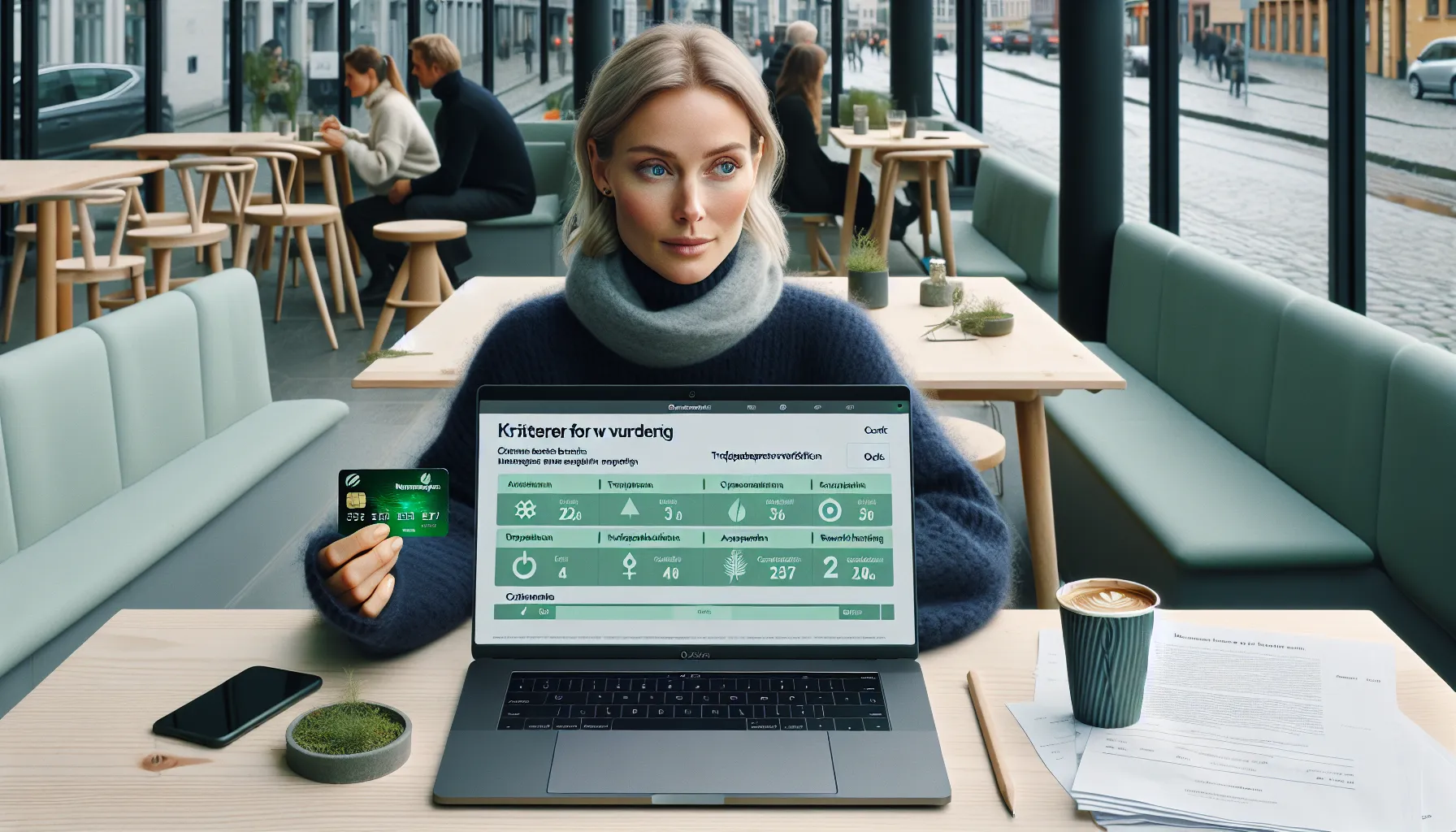 De beste kredittkortene for miljøbevisste forbrukere 3 Woman reviewing eco-focused credit card criteria in an oslo café.