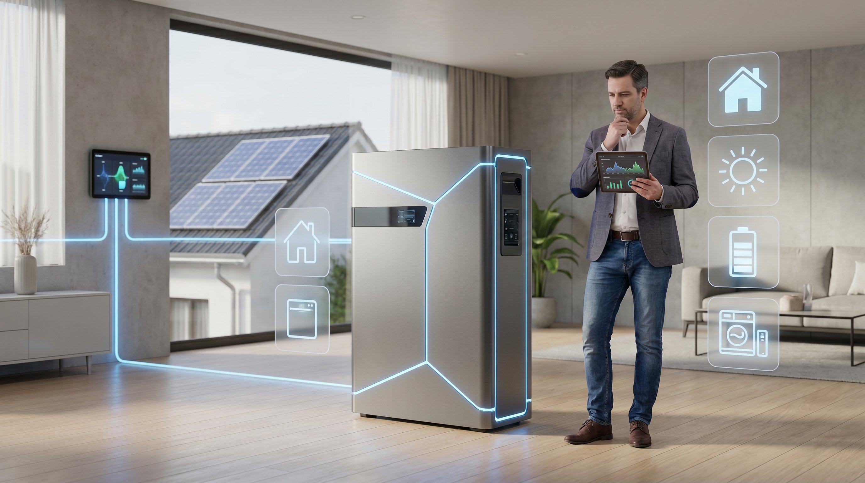3D render of modern home battery storage system with homeowner reviewing energy data on tablet.