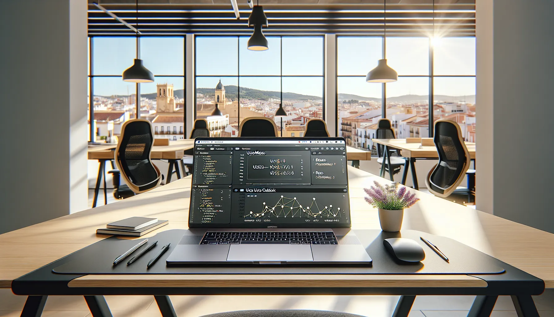 A laptop displaying a React comparison in a modern Spanish workspace.