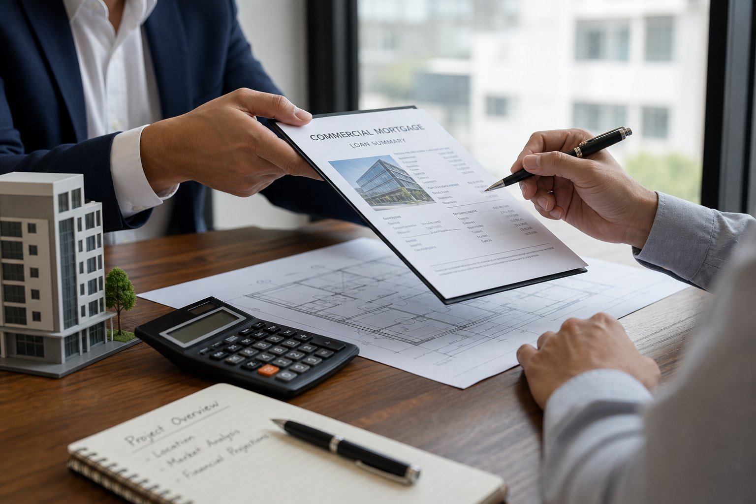 Close-up of hands reviewing commercial mortgage documents, calculator, and building plans.