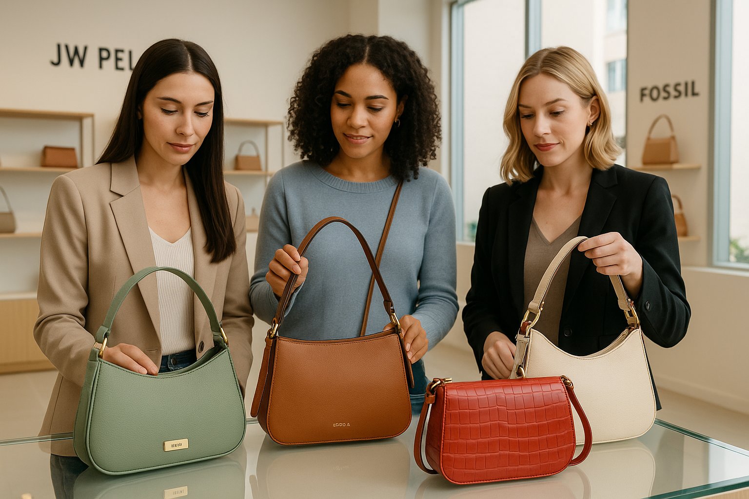 Diverse women shopping for colorful crossbody handbags on a sleek counter.