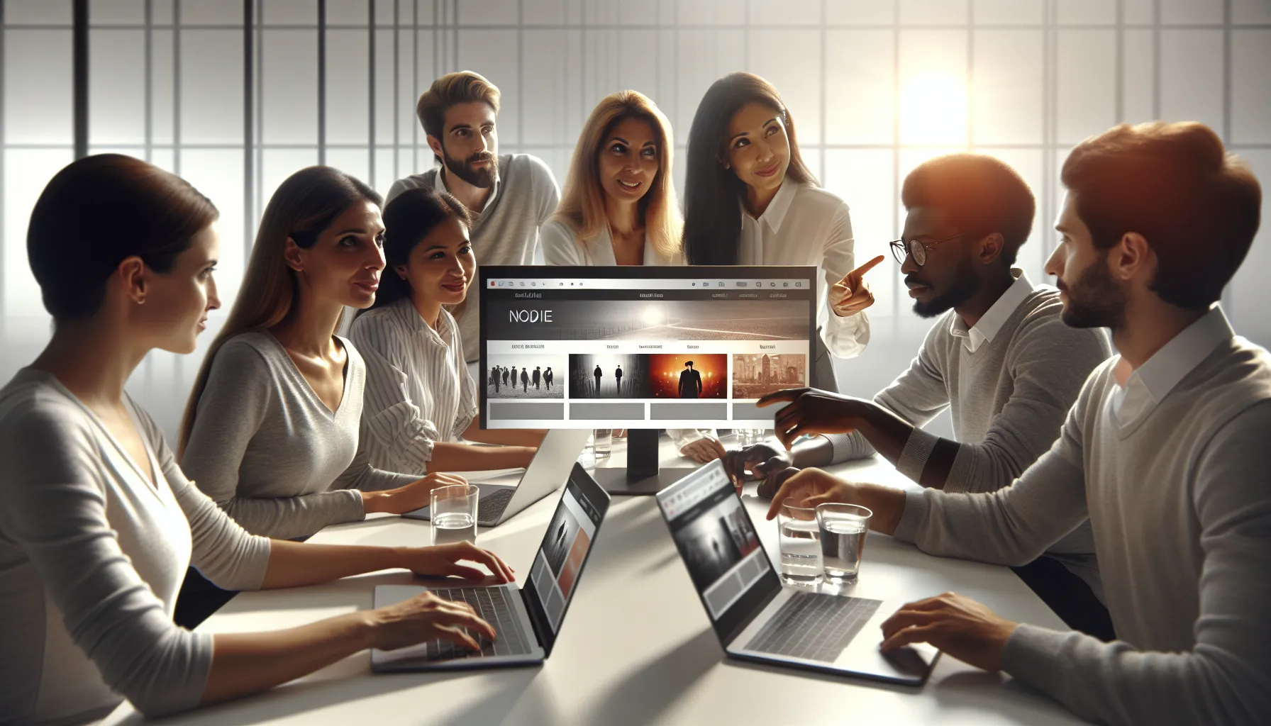 diverse team discussing Telugu movies in a modern workspace.