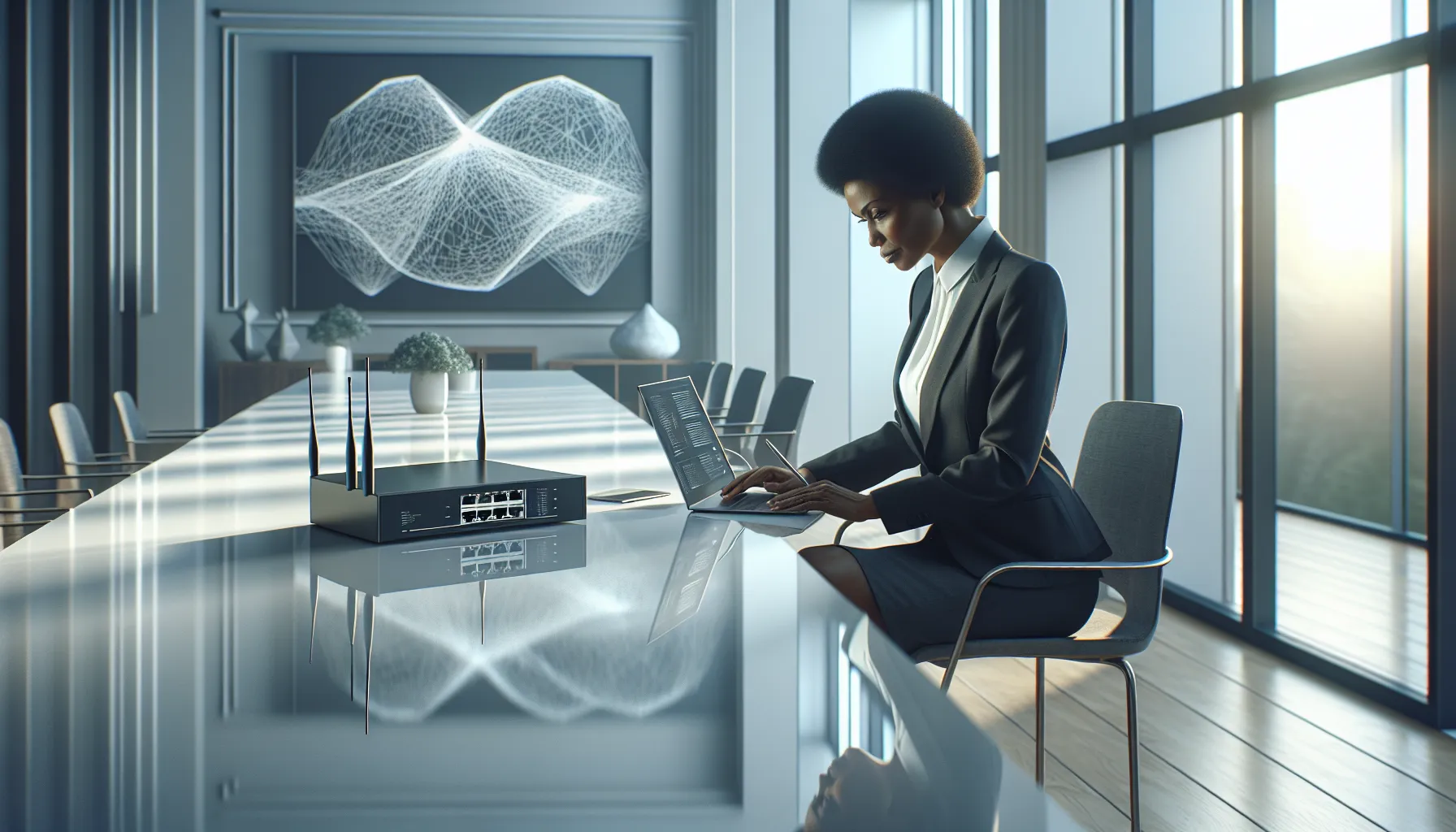 professional configuring router settings in a modern office.