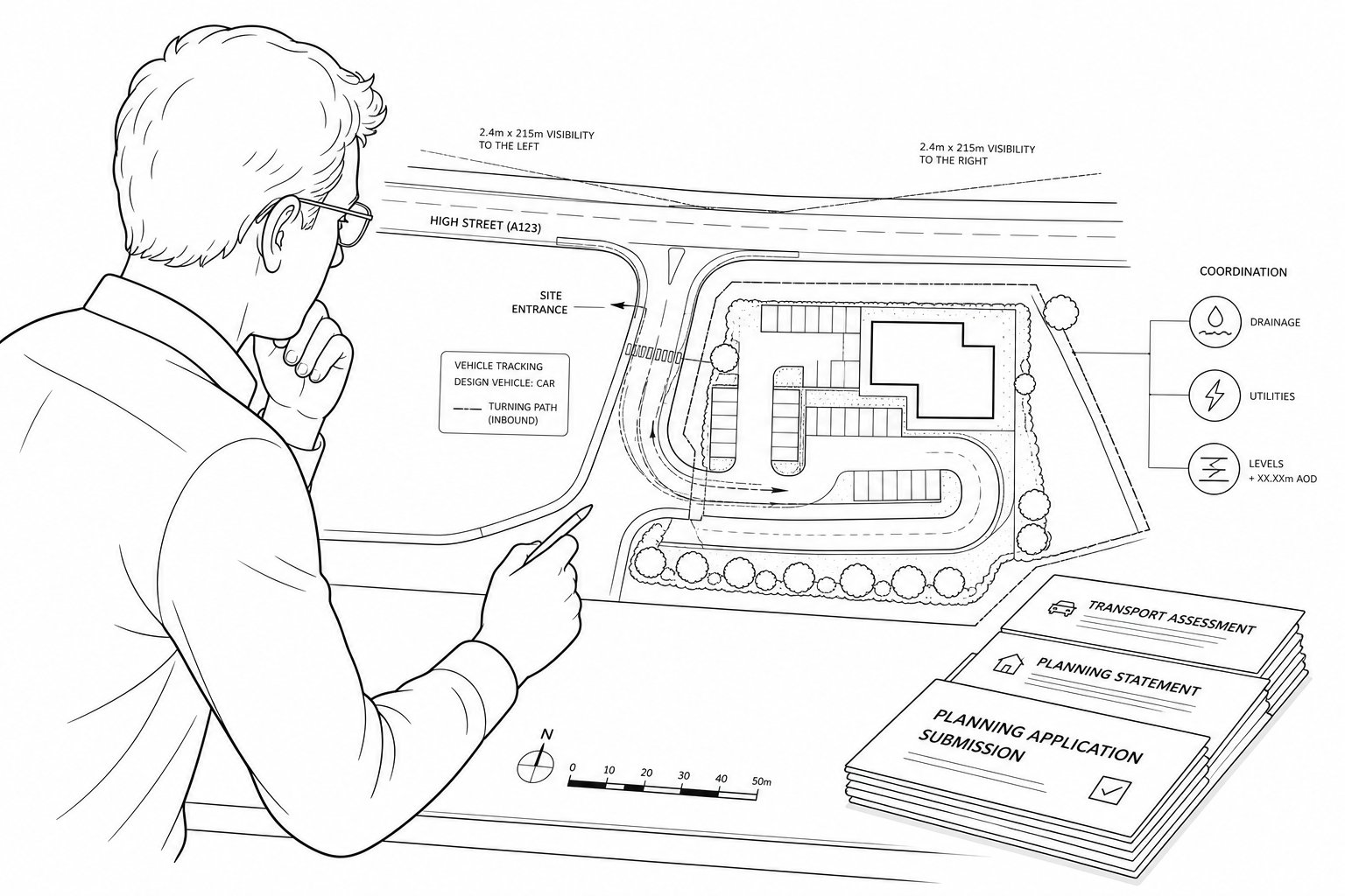 Consultant reviewing a site plan with road junction access design.