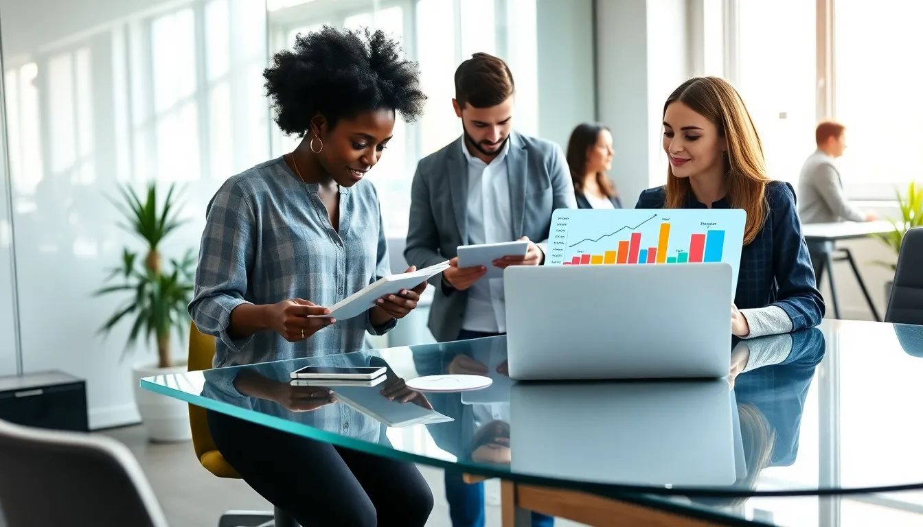 diverse professionals working on various creative side hustles in a modern office.