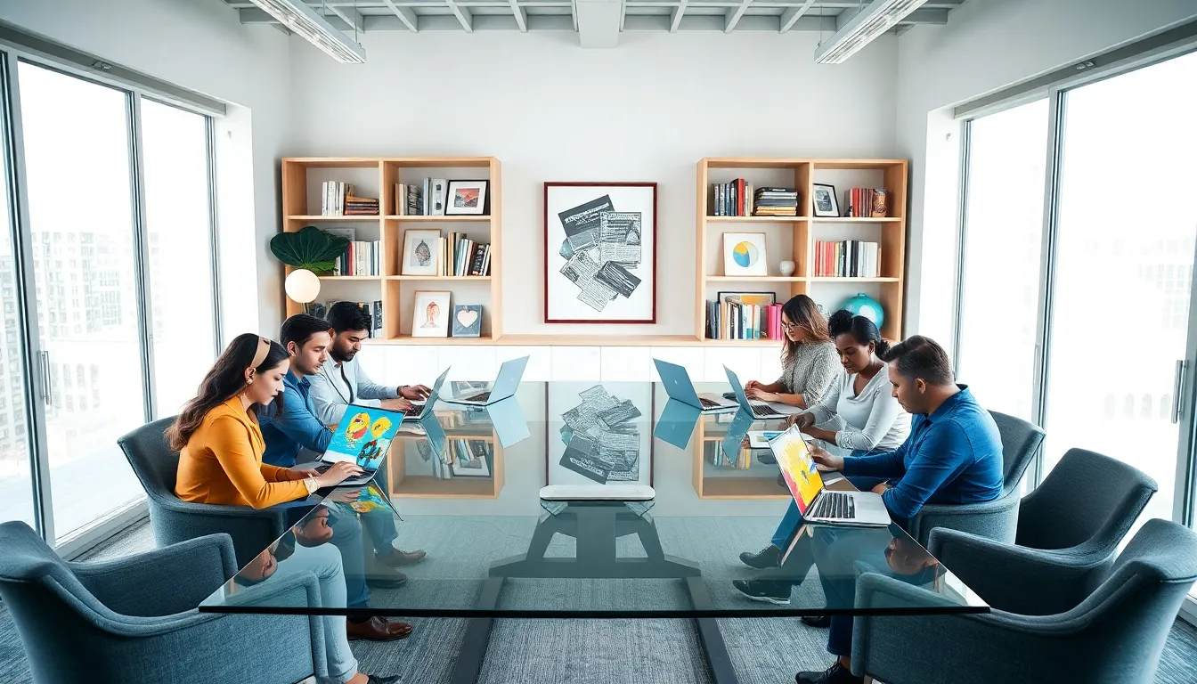 diverse team collaborating on digital zines in a modern office.