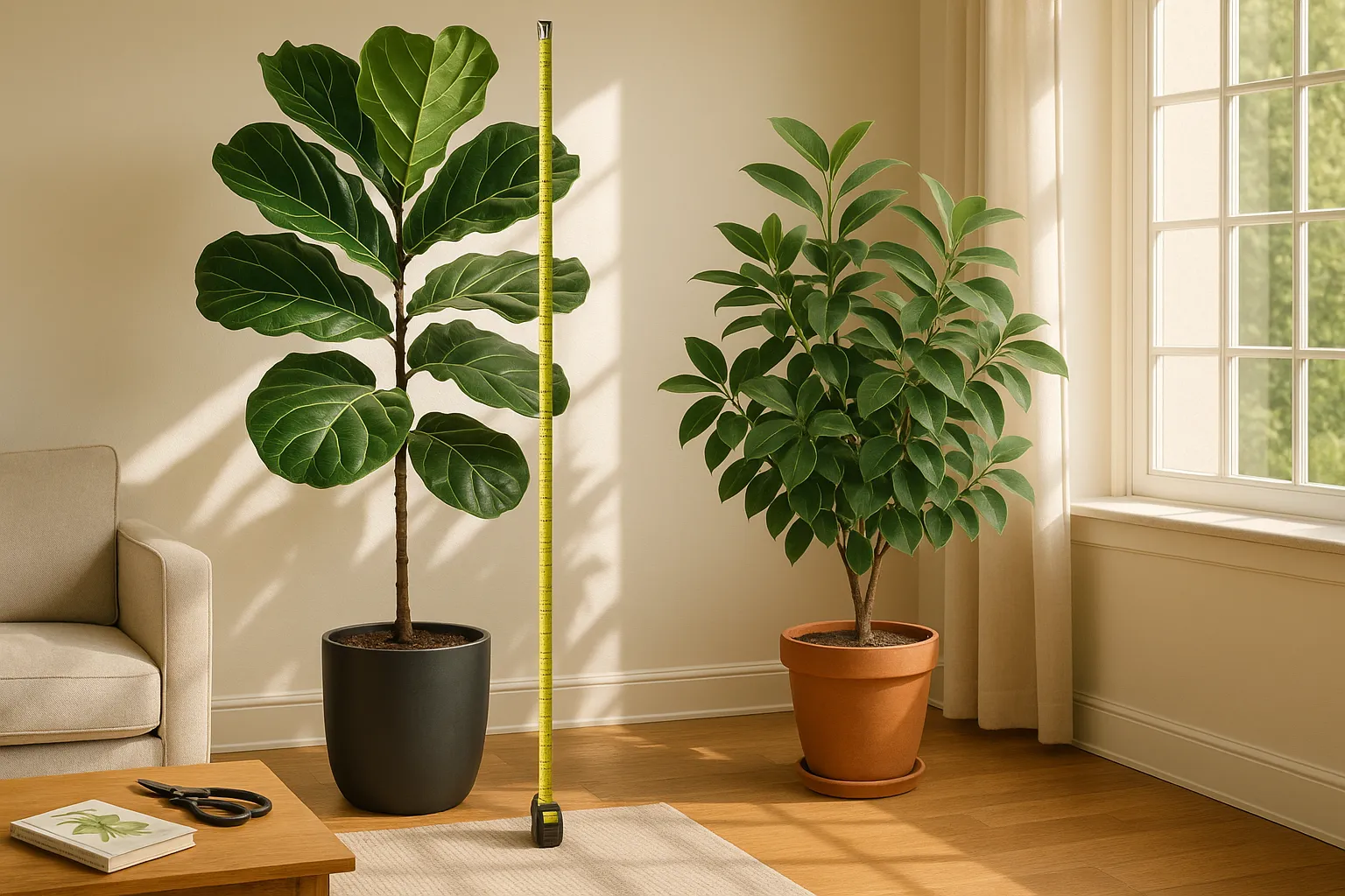 Side-by-side fiddle leaf fig and Ficus Audrey in a sunlit living room.