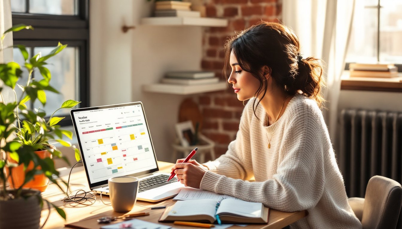 A woman reviewing her cluttered two-week calendar at a sunlit home desk.