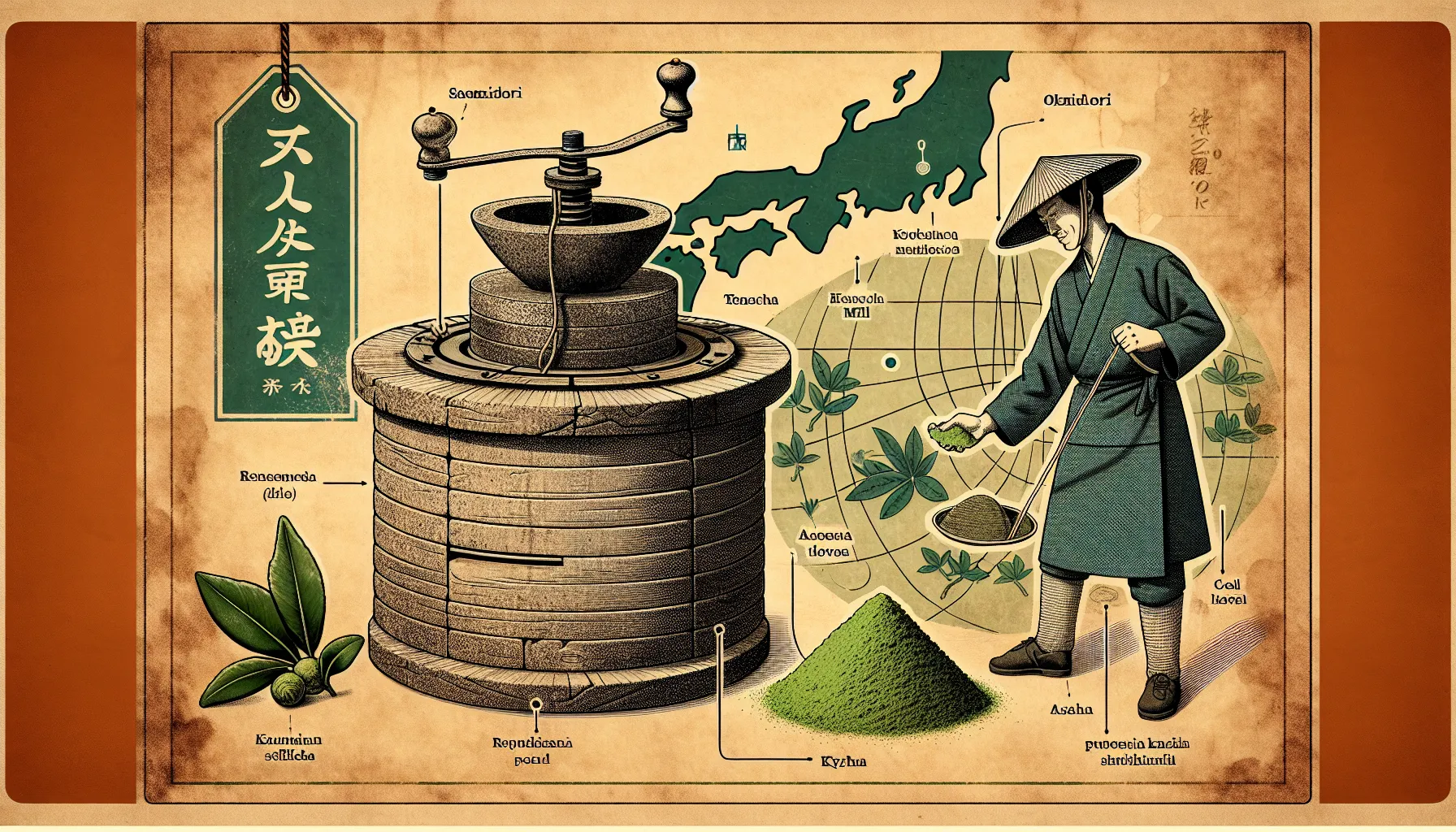 Vintage poster shows stone mill grinding tencha into bright green matcha.