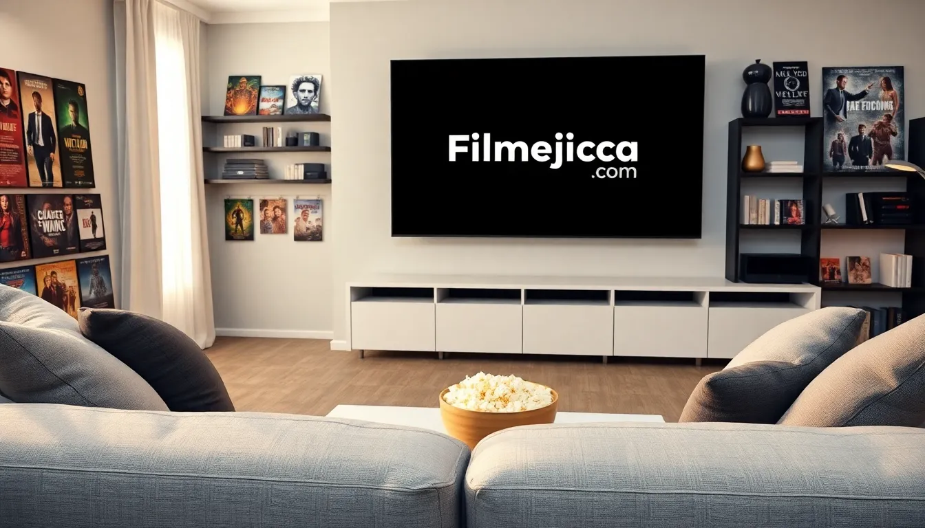 modern living room with a TV showing Filmejila Com logo.