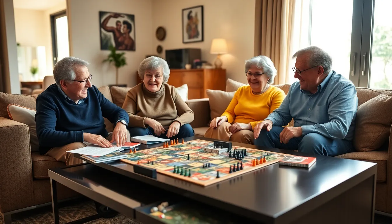 group of seniors playing a war game in a cozy living room.