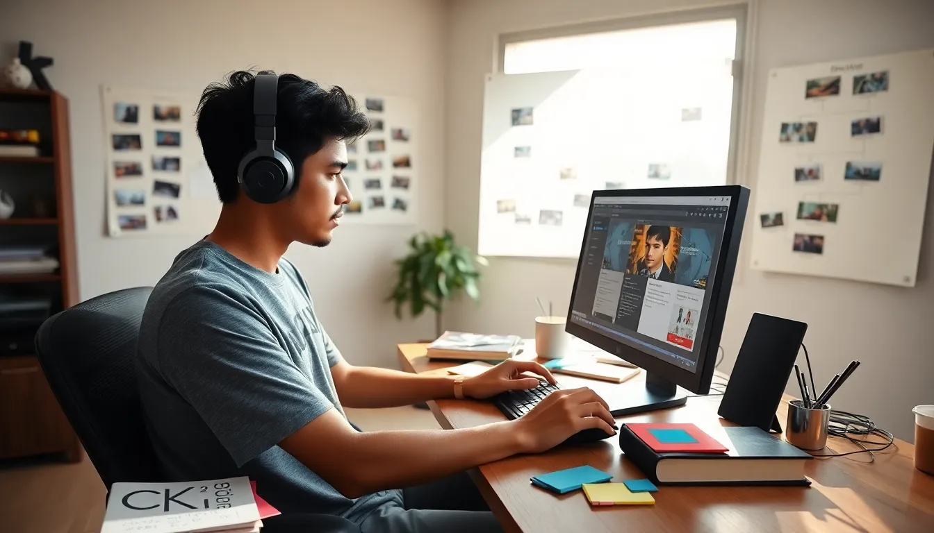 A young man creating characters using CK2Generator in a home office.