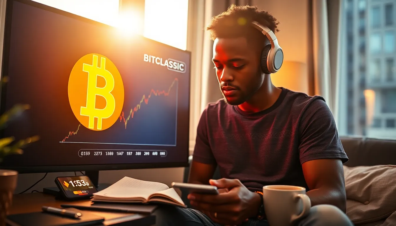 A young man analyzing Bitcoin Bitclassic trends on a digital screen.