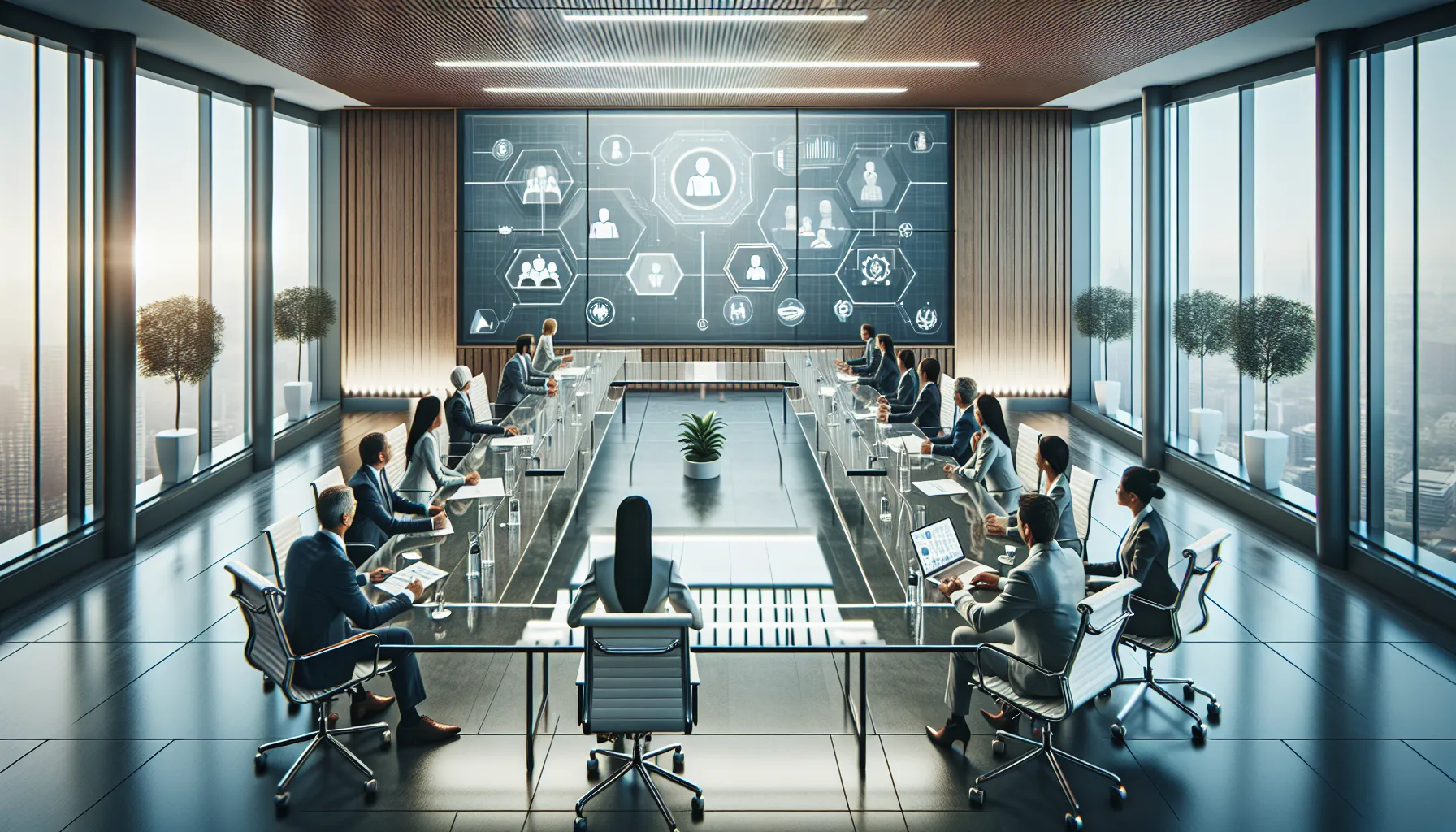 diverse professionals engaged in a video conference in a modern office.