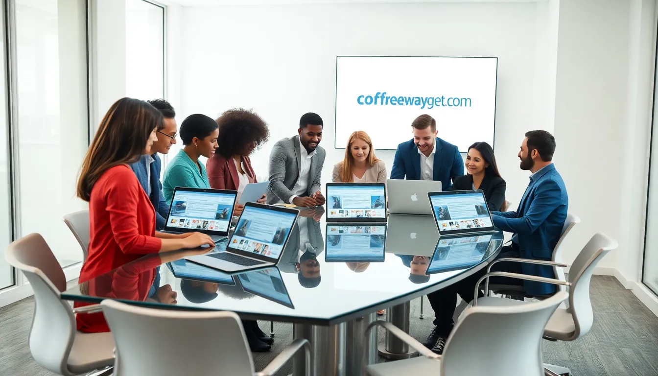 professionals collaborating in a modern office showcasing Freewayget.com resources.