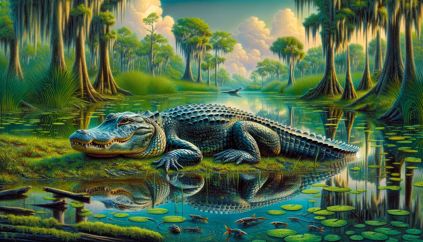 an alligator basking by a pond in the southeastern United States.